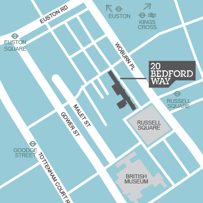 Map of Bloomsbury showing 20 Bedford Way location