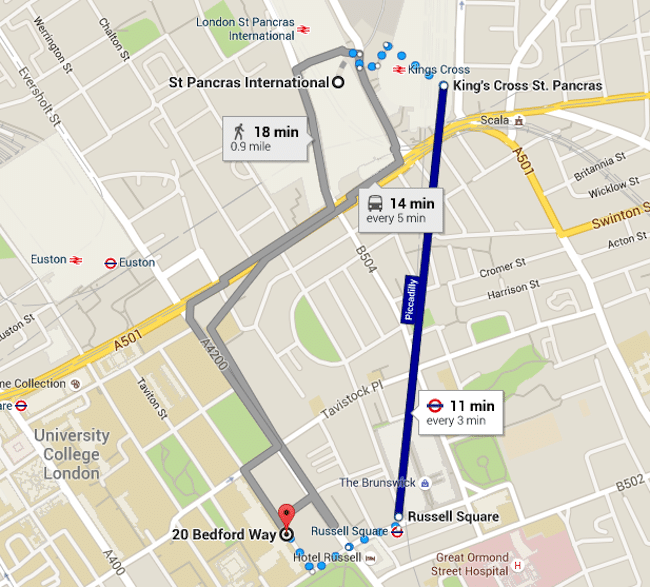 St Pancreas King Cross to 20 Bedford Way route map