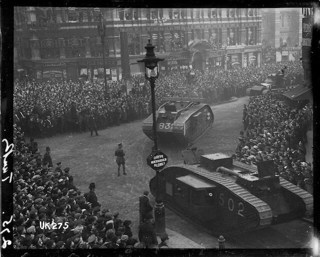 tanks on parade in london after ww1